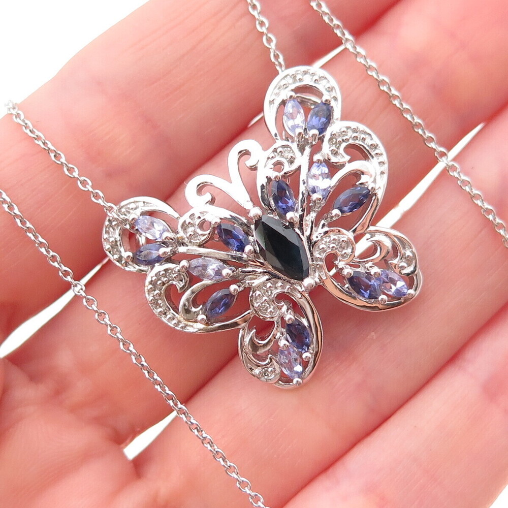 925 Sterling Silver Real Sapphire & Tanzanite Butterfly Cable Chain Necklace 18"